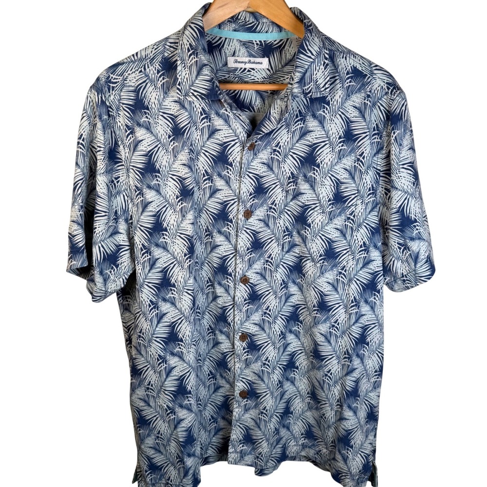 Tommy Bahama Silk Button Down Shirt Mens Large Blue Palm Frond Hawaiian Aloha